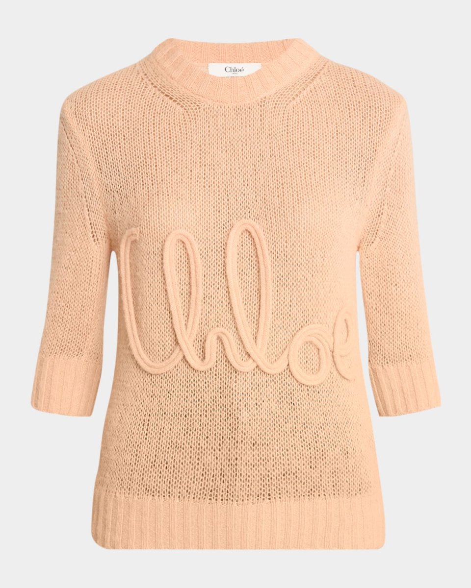 Logo Embroidered Open-Knit 3/4-Sleeve Sweat